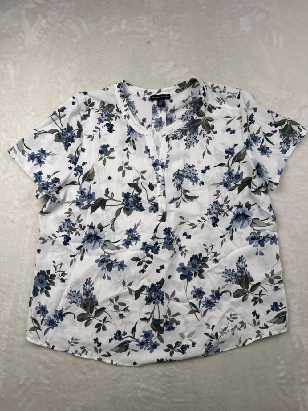Hilary Radley Womens Blue & White Floral Blouse XL 100% Polyester Short Sleeve